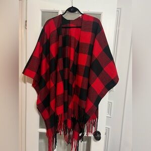 Red and Black Plaid Poncho with Fringe